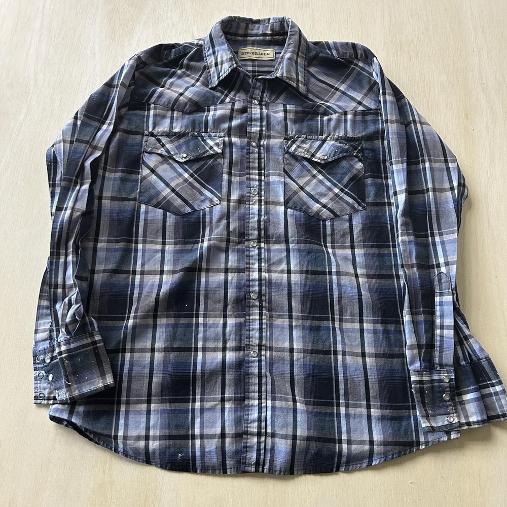 Bit & Bridle Shirt Men Large Blue Plaid Long Sleeve Western Pearl Snap Button Up